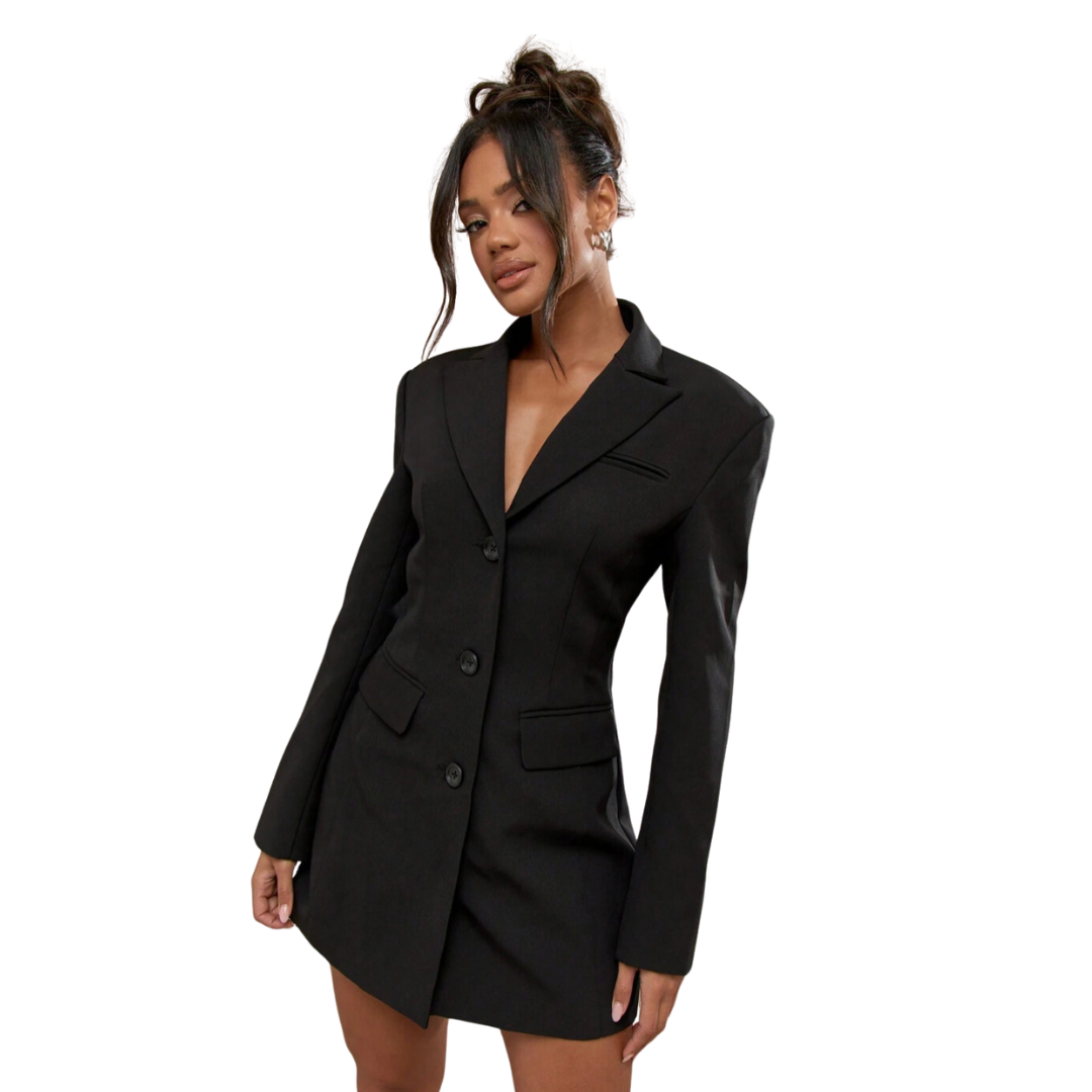 Marie-Louise | Black Blazer Dress with Single Button Closure