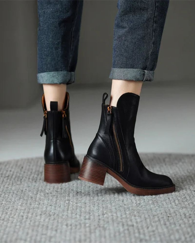 Jane - Leather boots with a comfortable heel, elegant and timeless