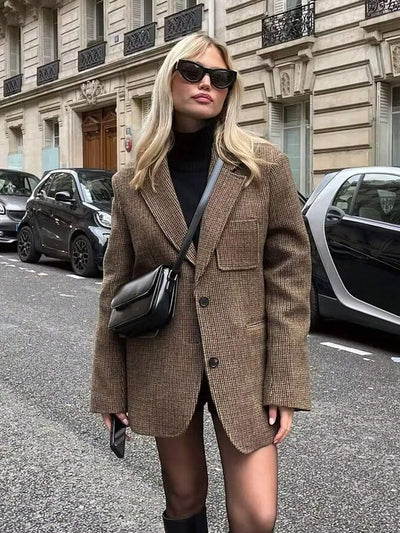 Mathilde | Brown Check Blazer with Single Button Closure