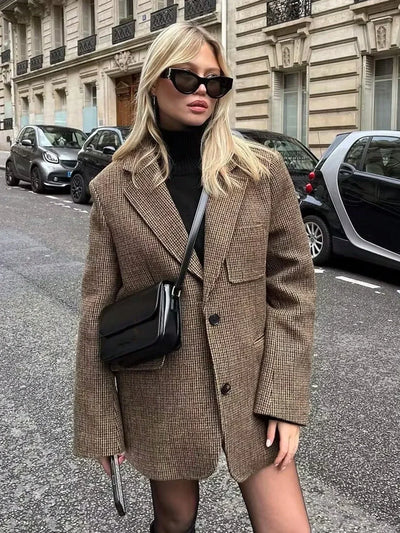 Mathilde | Brown Check Blazer with Single Button Closure