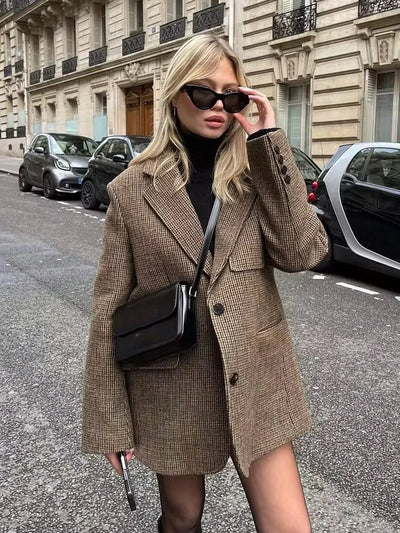 Mathilde | Brown Check Blazer with Single Button Closure