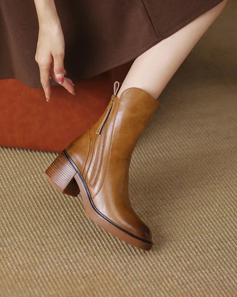 Jane - Leather boots with a comfortable heel, elegant and timeless