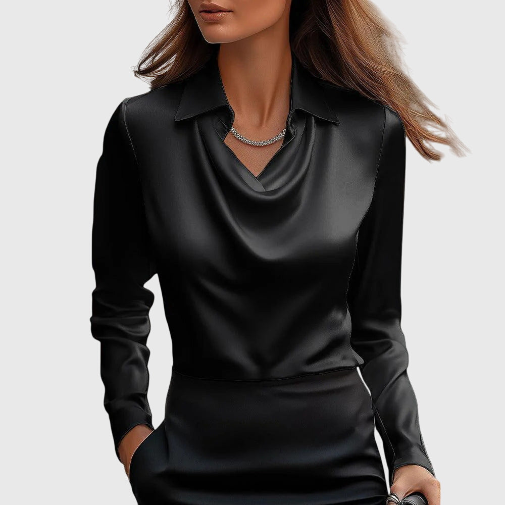 Amelia | Blouse with Luxurious Shine and Pleated Neckline