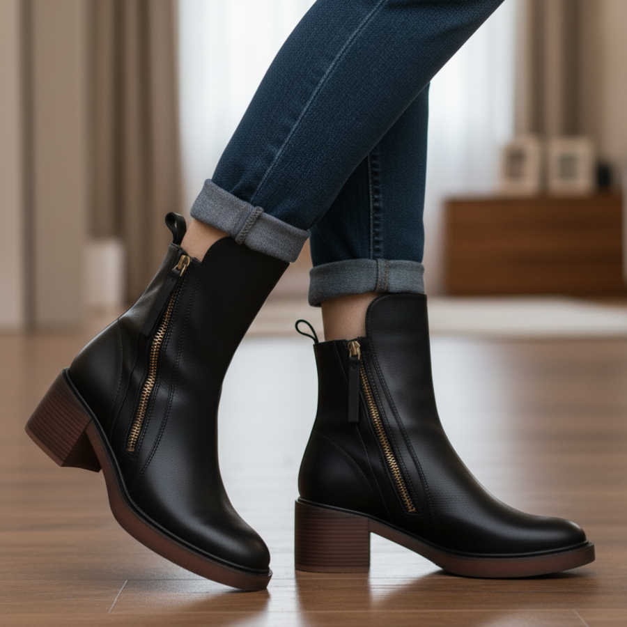 Jane - Leather boots with a comfortable heel, elegant and timeless