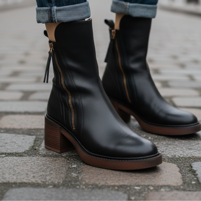 Jane - Leather boots with a comfortable heel, elegant and timeless