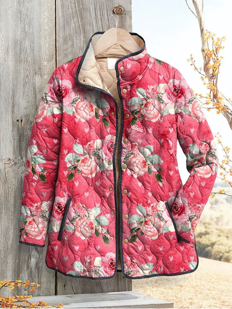 Michelle - Charming Pink Floral Print Quilted Jacket for Women