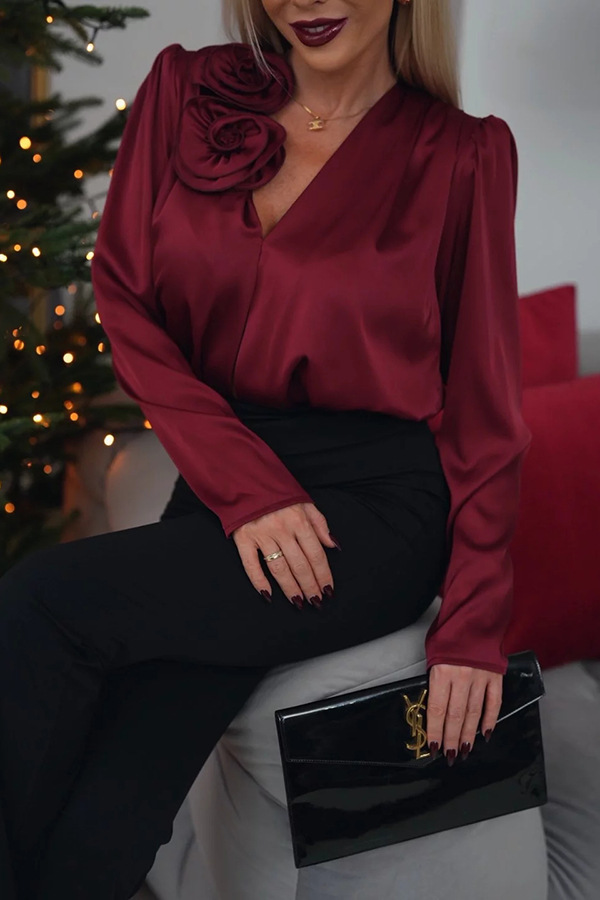 Clara | Elegant Satin Blouse with Floral Detail