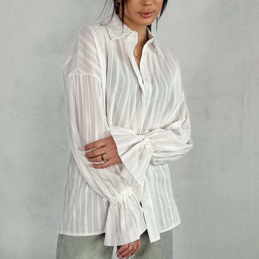 Amber | Button-Up Blouse with Ties and Stripes