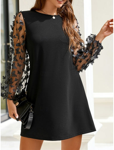 Nela | Black Elegant Dress with Floral Tulle Sleeves