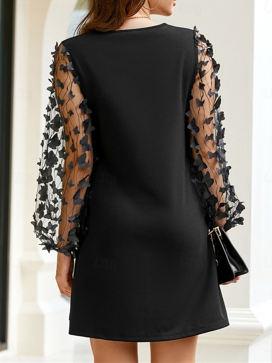 Nela | Black Elegant Dress with Floral Tulle Sleeves